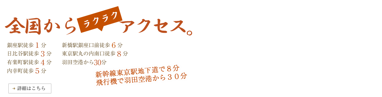 全国からラクラクアクセス。　銀座駅徒歩1分　日比谷駅徒歩3分、有楽町駅徒歩4分、内幸町駅徒歩5分、新橋駅銀座口前徒歩6分、東京駅丸の内南口徒歩8分、羽田空港から30分